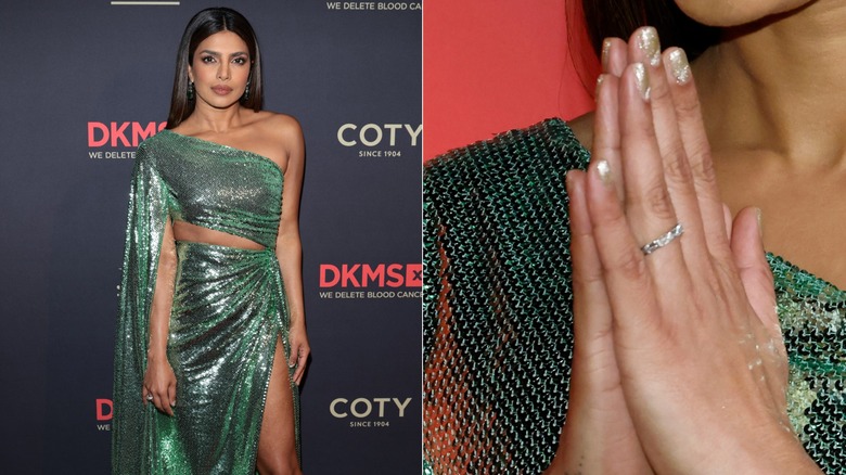 Lado a lado: Priyanka Chopra con uñas con brillo color champán en la Gala DKMS 2023 y un primer plano de sus uñas