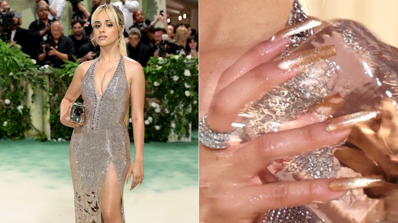Lado a lado: Camila Cabello con uñas largas con brillo dorado en la Met Gala 2024 y un primer plano de sus uñas