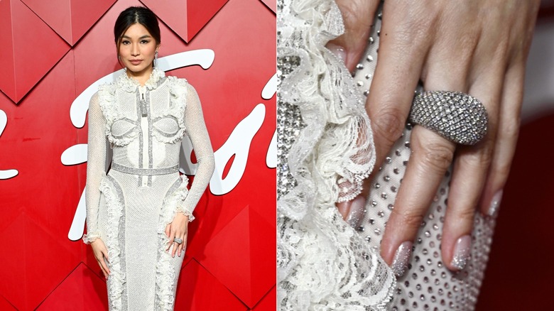 Lado a lado: Gemma Chan con uñas ombré con brillo plateado en los Fashion Awards 2024 y un primer plano de sus uñas