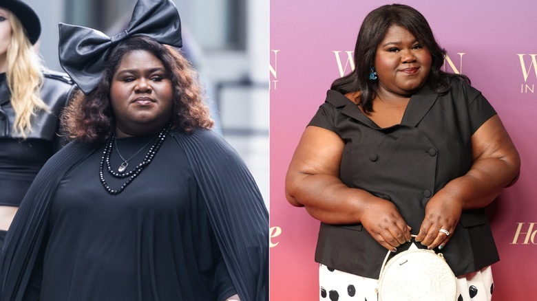 Fotografías una al lado de la otra de Gabourey Sidibe vestida para AHS (izquierda) y ella misma en la alfombra roja (derecha)