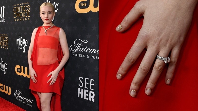 Lado a lado: Julia Garner con brillo dorado en la base de las uñas en los Critics Choice Awards 2023 y un primer plano de sus uñas
